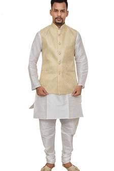 Mag Men's White Matching silk Kurta Churidhar With New Gold Waistcoat