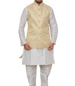 Mag Men's White Matching silk Kurta Churidhar With New Gold Waistcoat