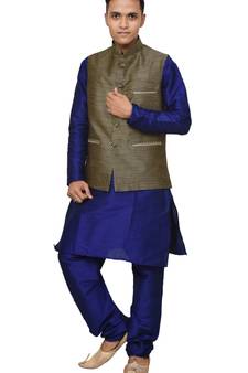 Mag Men's Royal Blue Matching silk Kurta Churidhar With Black Doted Waistcoat