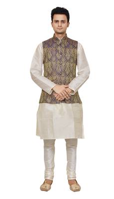 Mag Men's white Matching silk Kurta Churidhar With Purple Waistcoat 1
