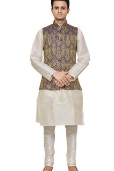 Mag Men's white Matching silk Kurta Churidhar With Purple Waistcoat