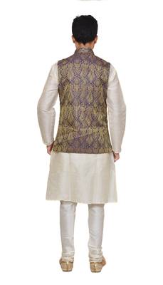 Mag Men's white Matching silk Kurta Churidhar With Purple Waistcoat 3