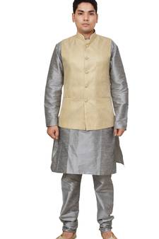 Mag Men's Silver Matching silk Kurta Churidhar With New Gold Waistcoat