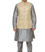 Mag Men's Silver Matching silk Kurta Churidhar With New Gold Waistcoat