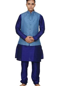Mag Men's Royal Blue Matching silk Kurta Churidhar With Banarsi Sky Blue Waistcoat