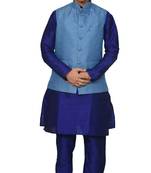 Mag Men's Royal Blue Matching silk Kurta Churidhar With Banarsi Sky Blue Waistcoat