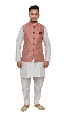 Mag Men's White Matching silk Kurta Churidhar With Pink Waistcoat 1