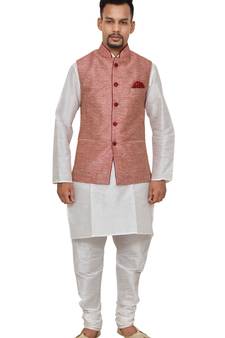 Mag Men's White Matching silk Kurta Churidhar With Pink Waistcoat