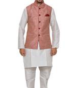 Mag Men's White Matching silk Kurta Churidhar With Pink Waistcoat