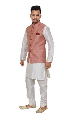 Mag Men's White Matching silk Kurta Churidhar With Pink Waistcoat 2