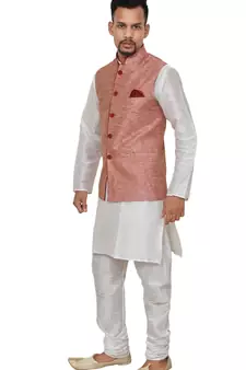 Mag Men's White Matching silk Kurta Churidhar With Pink Waistcoat