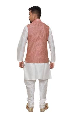 Mag Men's White Matching silk Kurta Churidhar With Pink Waistcoat 3
