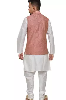 Mag Men's White Matching silk Kurta Churidhar With Pink Waistcoat