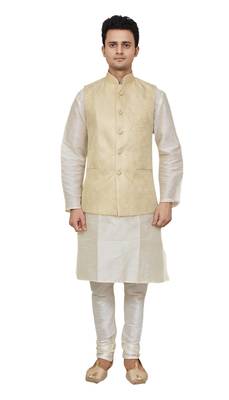 men's white matching silk kurta churidar with new gold waistcoat 1