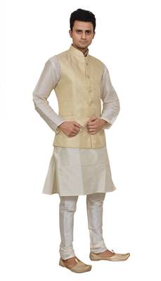 men's white matching silk kurta churidar with new gold waistcoat 2