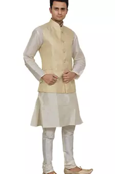 men's white matching silk kurta churidar with new gold waistcoat