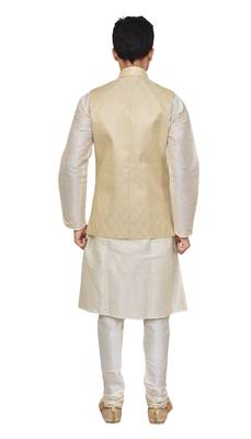 men's white matching silk kurta churidar with new gold waistcoat 3