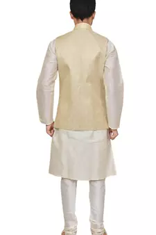 men's white matching silk kurta churidar with new gold waistcoat