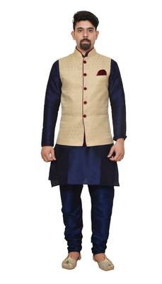Mag Men's Nevy Blue Matching silk Kurta Churidhar With Gold Waistcoat 1