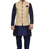 Mag Men's Nevy Blue Matching silk Kurta Churidhar With Gold Waistcoat