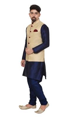 Mag Men's Nevy Blue Matching silk Kurta Churidhar With Gold Waistcoat 2
