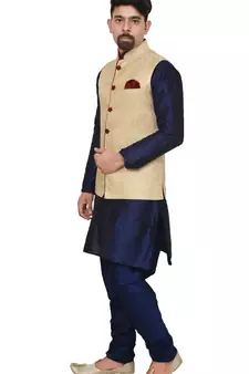 Mag Men's Nevy Blue Matching silk Kurta Churidhar With Gold Waistcoat