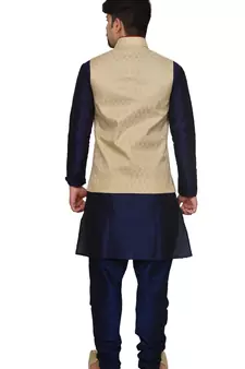 Mag Men's Nevy Blue Matching silk Kurta Churidhar With Gold Waistcoat