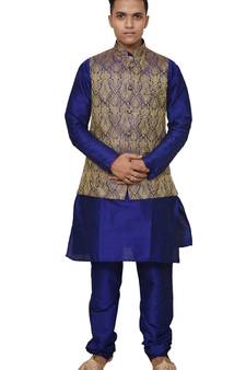 Mag Men's Royal Blue Matching silk Kurta Churidhar With Purple Waistcoat