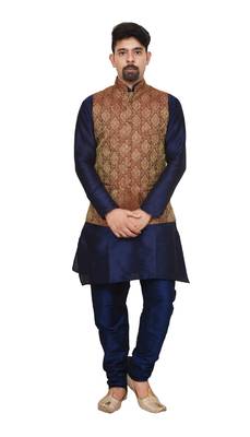 Mag Men's Nevy Blue Matching silk Kurta Churidhar With Maroon Waistcoat 1