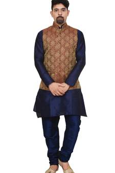 Mag Men's Nevy Blue Matching silk Kurta Churidhar With Maroon Waistcoat