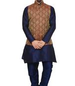 Mag Men's Nevy Blue Matching silk Kurta Churidhar With Maroon Waistcoat