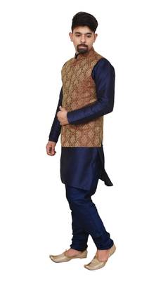 Mag Men's Nevy Blue Matching silk Kurta Churidhar With Maroon Waistcoat 2