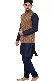 Mag Men's Nevy Blue Matching silk Kurta Churidhar With Maroon Waistcoat