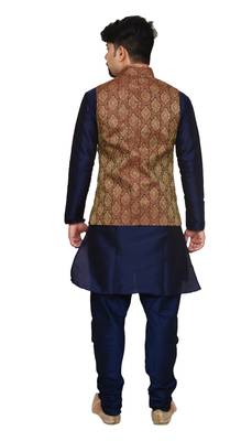 Mag Men's Nevy Blue Matching silk Kurta Churidhar With Maroon Waistcoat 3