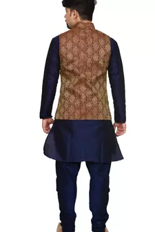 Mag Men's Nevy Blue Matching silk Kurta Churidhar With Maroon Waistcoat