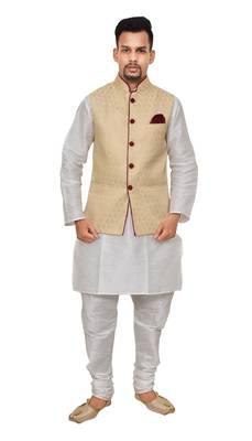 Mag Men's White Matching silk Kurta Churidhar With Gold Waistcoat 1