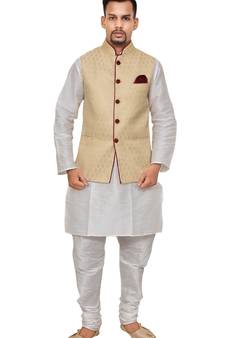 Mag Men's White Matching silk Kurta Churidhar With Gold Waistcoat