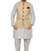 Mag Men's White Matching silk Kurta Churidhar With Gold Waistcoat