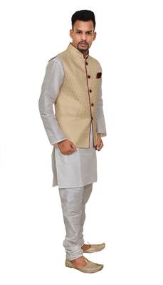 Mag Men's White Matching silk Kurta Churidhar With Gold Waistcoat 2