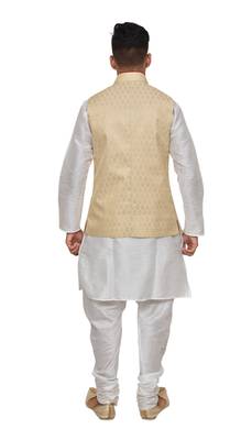 Mag Men's White Matching silk Kurta Churidhar With Gold Waistcoat 3