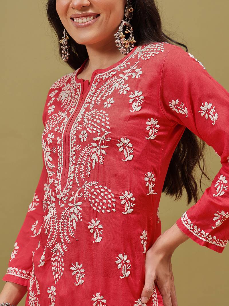 Hand Embroidered Pink Cotton Lucknowi Chikan Women Kurta
