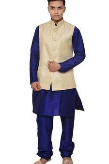Mag Men's Royal Blue Matching silk Kurta Churidhar With New Gold Waistcoat