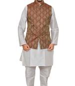 Mag Men's White Matching silk Kurta Churidhar With Maroon Waistcoat