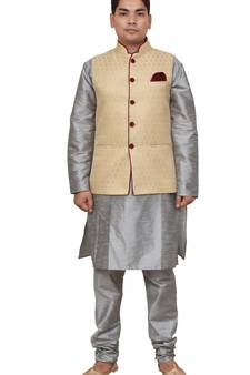 Mag Men's Silver Matching silk Kurta Churidhar With Gold Waistcoat