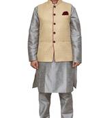 Mag Men's Silver Matching silk Kurta Churidhar With Gold Waistcoat