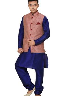 Mag Men's Royal Blue Matching silk Kurta Churidhar With Pink Waistcoat