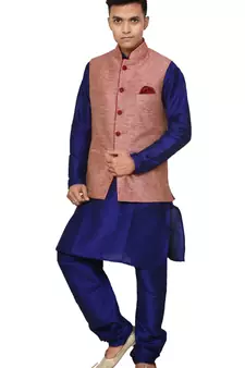 Mag Men's Royal Blue Matching silk Kurta Churidhar With Pink Waistcoat