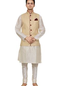 Mag Men's white Matching silk Kurta Churidhar With Gold Waistcoat