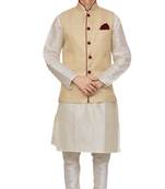 Mag Men's white Matching silk Kurta Churidhar With Gold Waistcoat