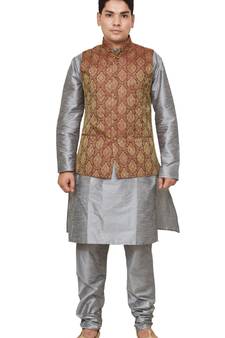 Mag Men's Silver Matching silk Kurta Churidhar With Maroon Waistcoat